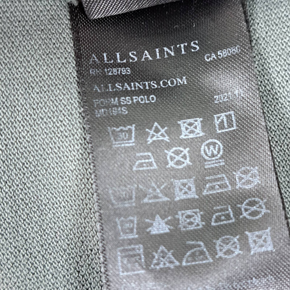 All Saints Form Short Sleeve Polo Shirt Mens Size Large Gray Ramskull Logo - Picture 7 of 8